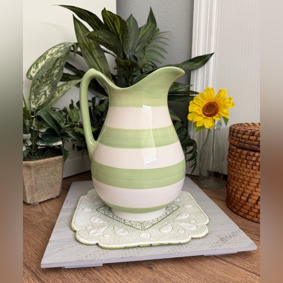 Hallmark 10” Green & White Striped Stoneware Pitcher - Picture 2 of 5